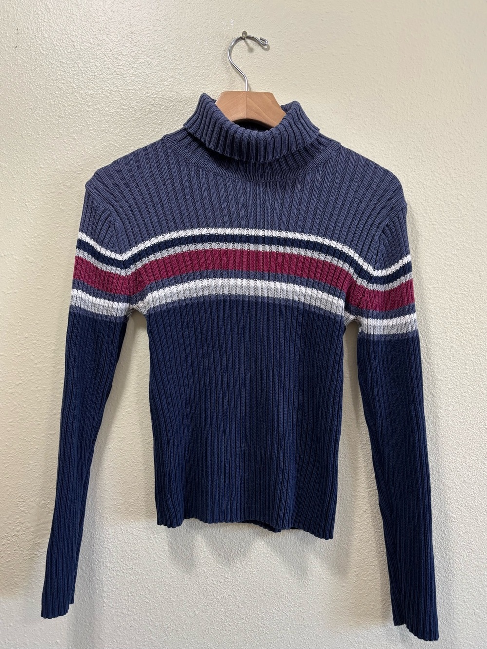 90s Tomfoolery Ribbed Navy Turtleneck Sweater with Stripe Detail